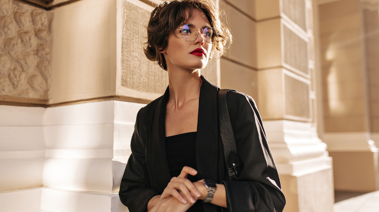 Woman with bold red lip