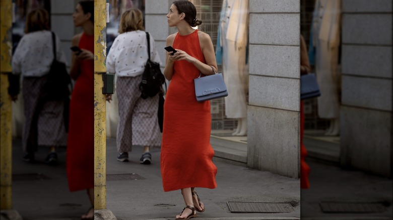 woman wearing red dress