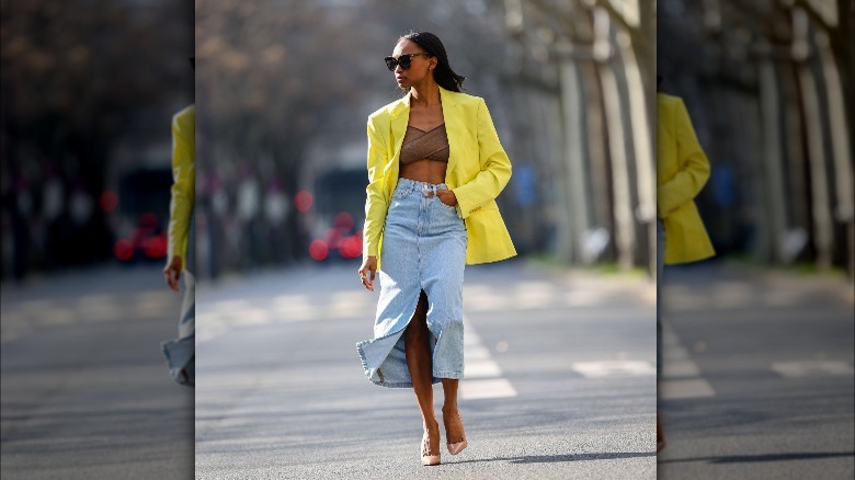 Denim midi skirt suit outifit