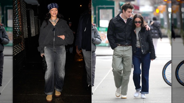 Split Image of Rihanna and Olivia Rodrigo wearing cuffed denim