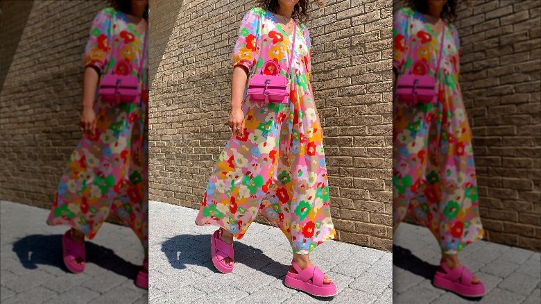 Woman wearing hot pink platform sandals