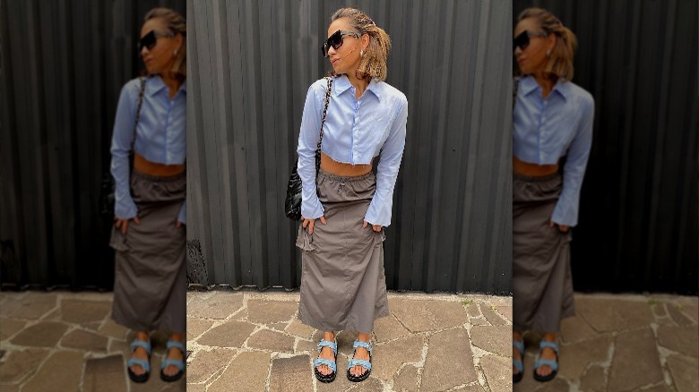 Woman wearing denim sandals