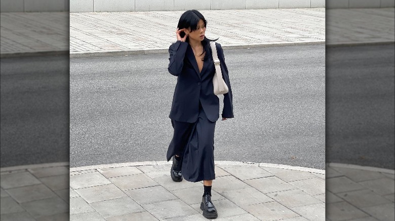 Black midi skirt suit outfit