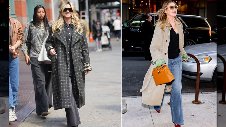 Split image of Heidi Klum and Ellen Pompeo wearing flared jeans and trench coats