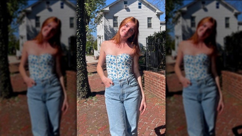 Floral corset with jeans