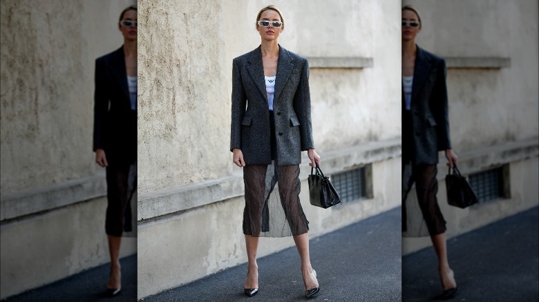 Sheer midi skirt suit styling