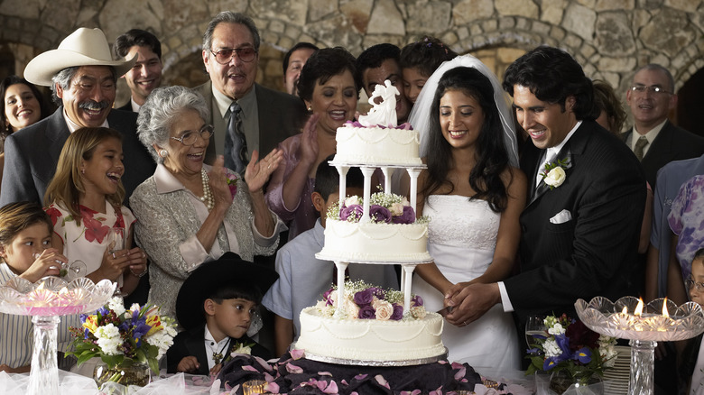Bride and groom cutting wedding cake