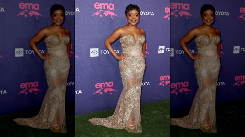 Quinta Brunson in a strapless gown