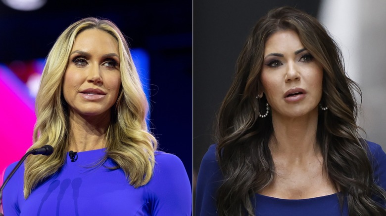 Lara Trump in a blue dress on stage and Kristi Noem walking in a blue dress at an event