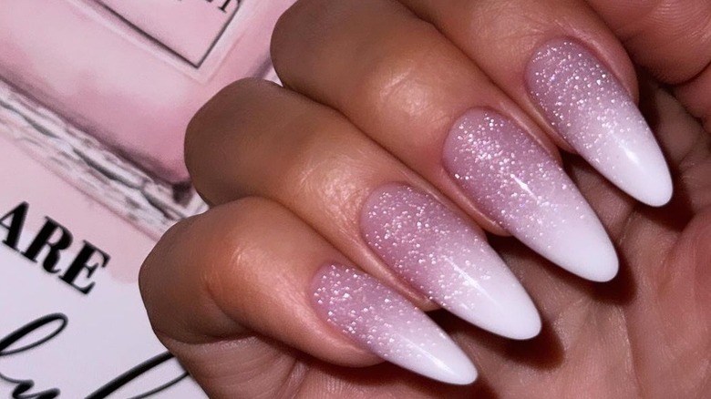 Pink white ombre nails with sparkles