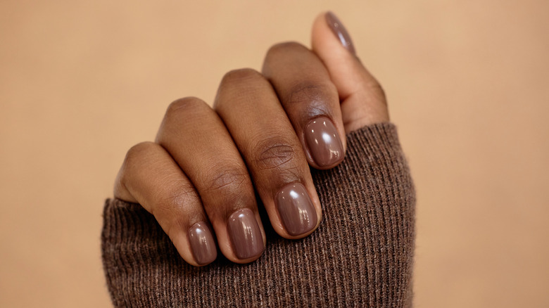 Hand with a manicure in a neutral brown color