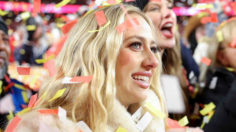 Brittany Mahomes on a gameday with confetti flying around her
