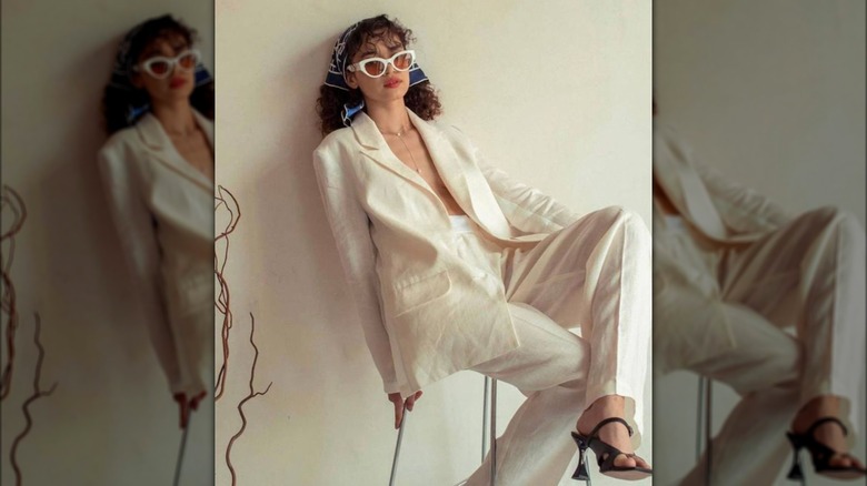 woman wearing linen suit