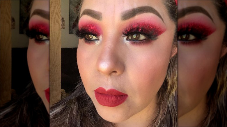 Woman wearing red glitter