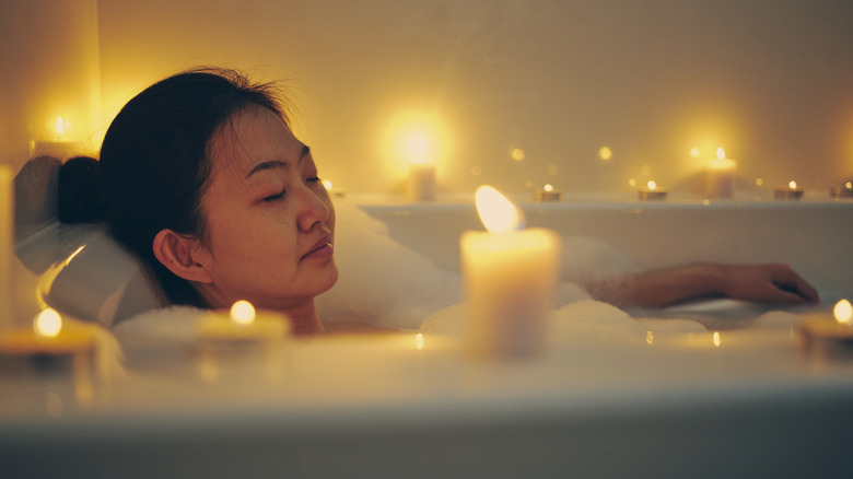 Woman in bubble bath