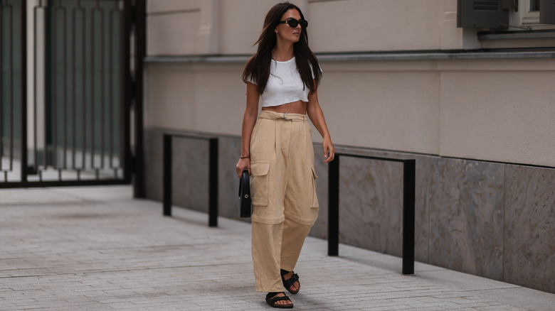 woman in cargopants and birkenstocks