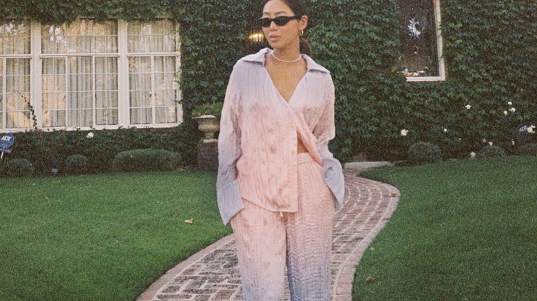 woman wearing silk loungewear 