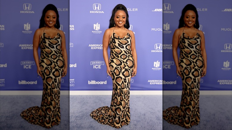 Quinta Brunson in an animal print dress