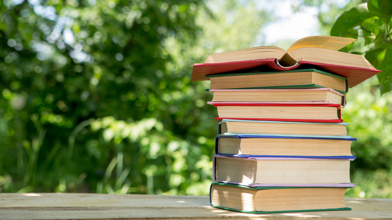 A stack of multi-colored books sitting on a wooden table on a sunny day