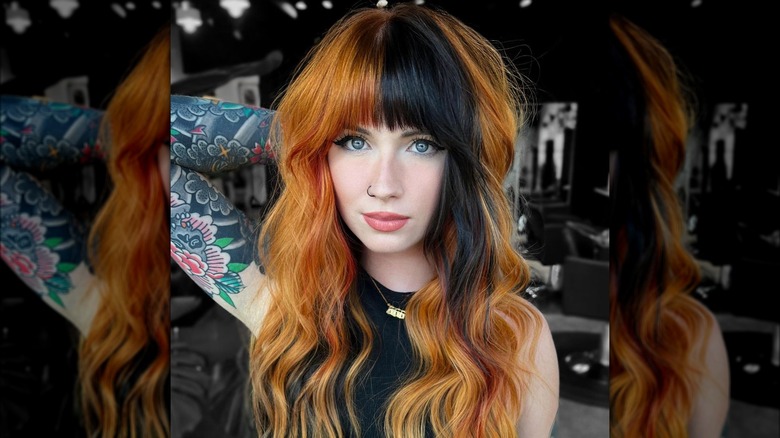 Woman with long shag haircut